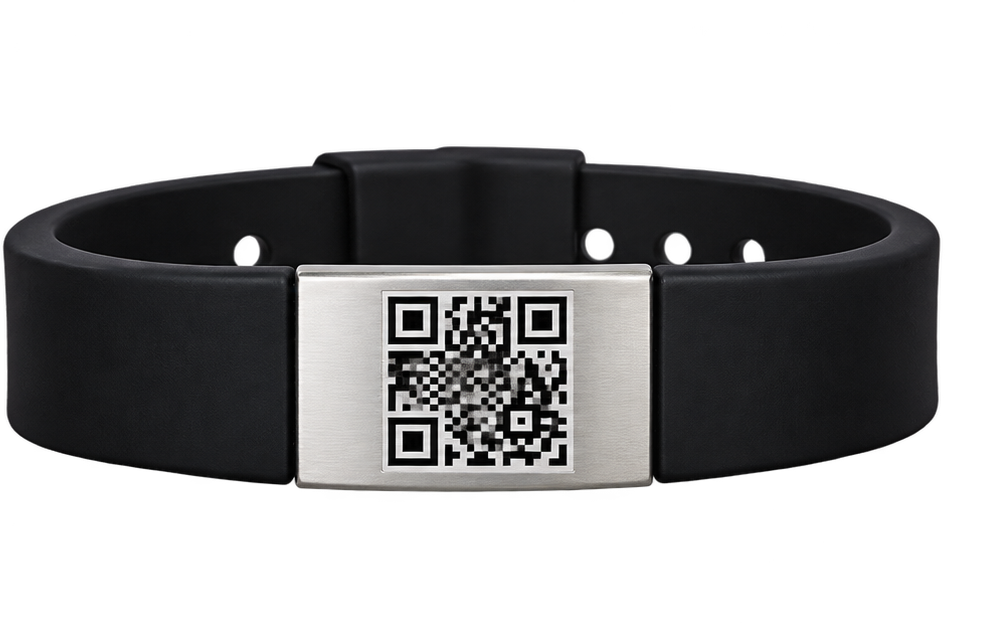 My Alert Band QR-connected safety bracelet with a check mark